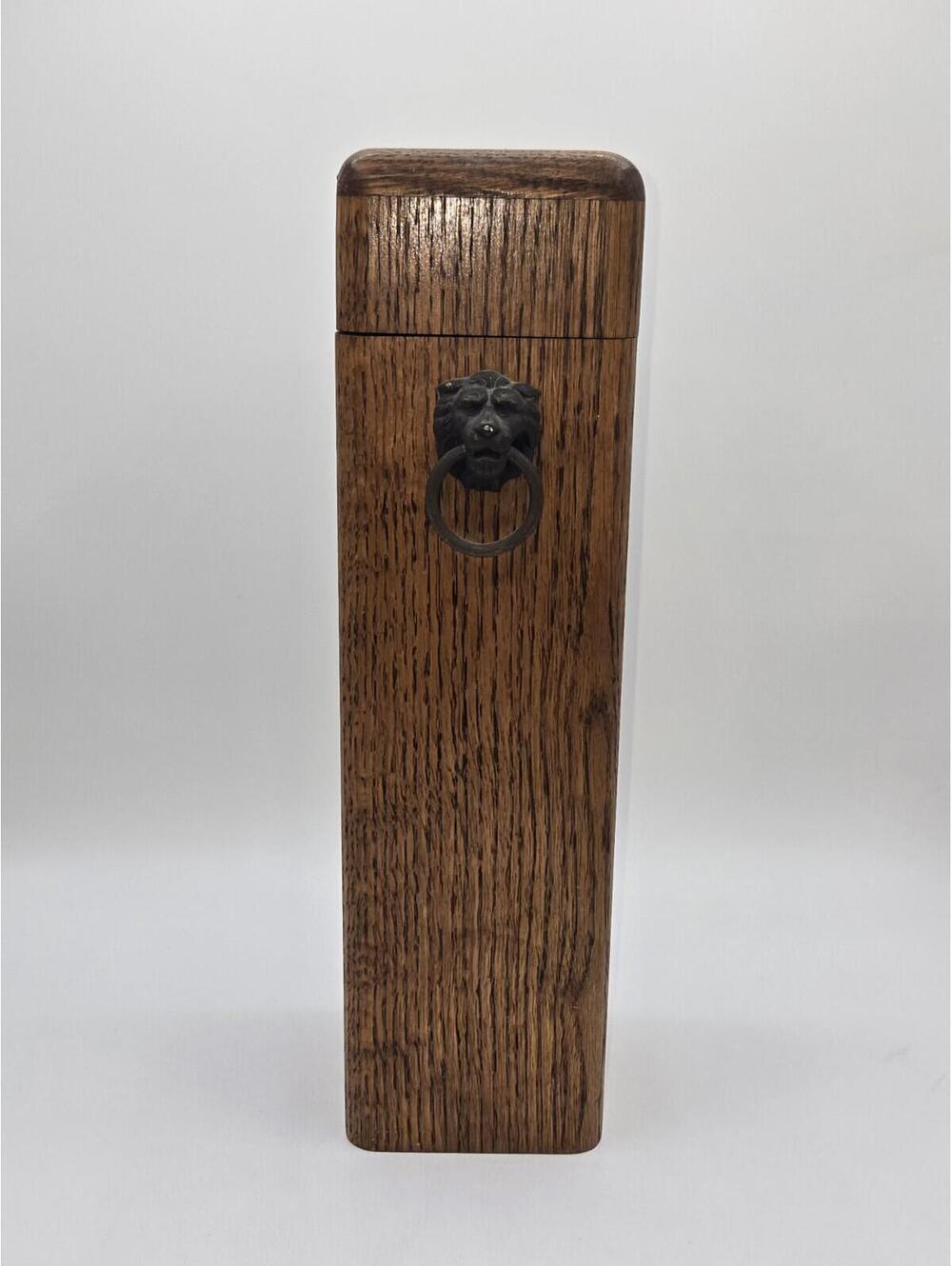 Vintage Oak Match Holder Lion Head Ring Pull Wall Mount Match Safe Wooden Box